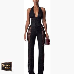 Lace Jumpsuit Deep V Neck Halter Flare Pant Party Club Outfit